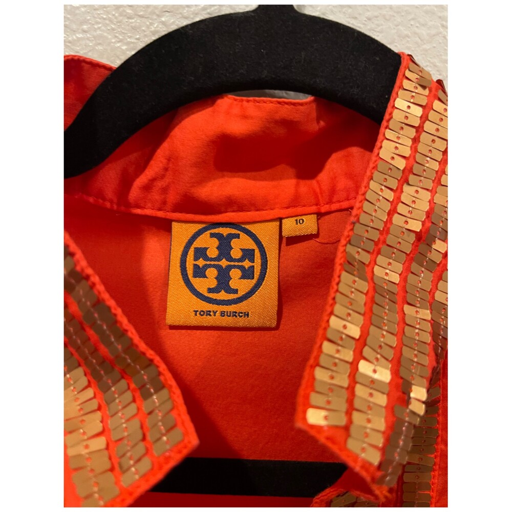 TORY BURCH Gold Sequins V-Neck Orange Caftan Tunic - Picture 3 of 6